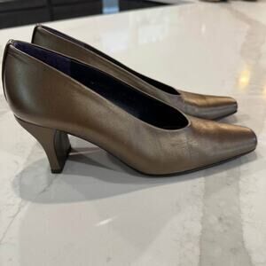 Vintage Donald J Pliner Latara Square Toe Heels Womens 6.5 Leather Metallic Gold